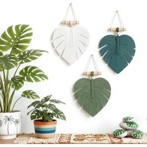 Hoteam 3 Pcs Tropical Wall Decor Jungle Monstera Macrame Wall Hanging Bohemian White Green Palm Leaf Woven Tapestry Wooden Bead Hanging Ornament for Nursery Bedroom Living Room Apartment Home Backdrop, 9.8 x 6 inches