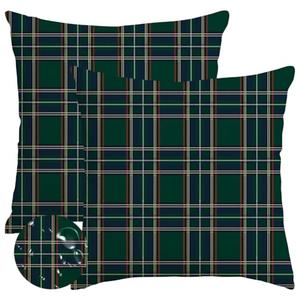 RABUSOFA Christmas Pillow Covers 18x18 Inch Set of 2 Indoor Outdoor Waterproof Scottish Tartan Plaid Classic Throw Decorative Cushion Cases for Christmas Decor Decorations Couch Patio Dark Green