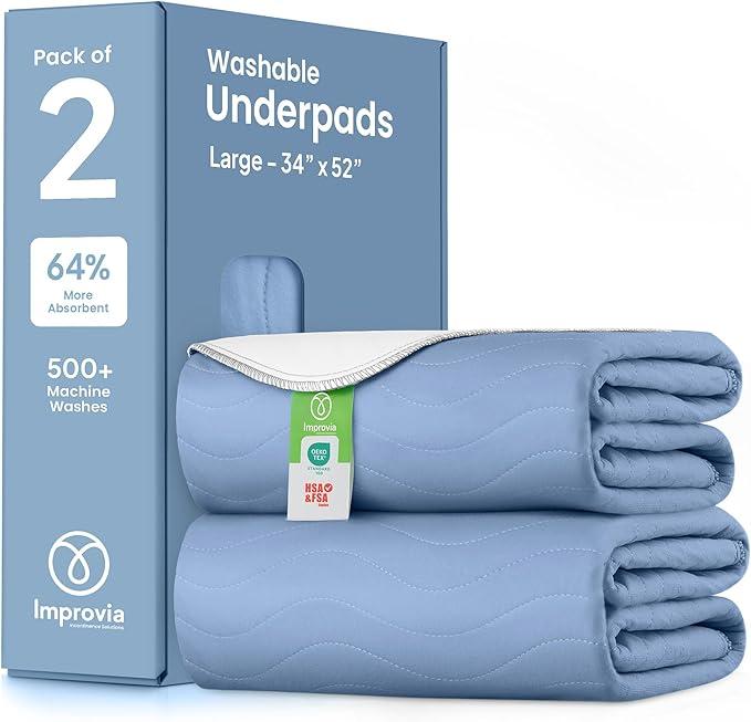 IMPROVIA® Washable Underpads, Heavy Absorbency Reusable Incontinence Pads for Kids, Adults, Elderly, and Pets, Waterproof Protection Floor (Blue, 34" x 52" - Pack of 2)