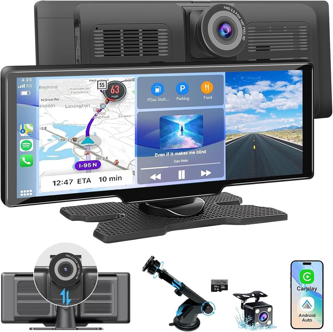 Apple Carplay Screen for Car, 10.26 Wireless CarPlay & Android Auto Screen with 4K Dash Cam, 1080P Backup Camera, Car Play Audio Receivers, GPS Navigation/Mirror Link/Bluetooth/FM/Voice Control