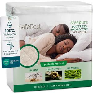 SafeRest Sleepure Waterproof Mattress Protector King Size - Viscose Derived from Bamboo - Fitted with Stretchable Pockets - Machine Washable Cotton King Mattress Cover for Bed