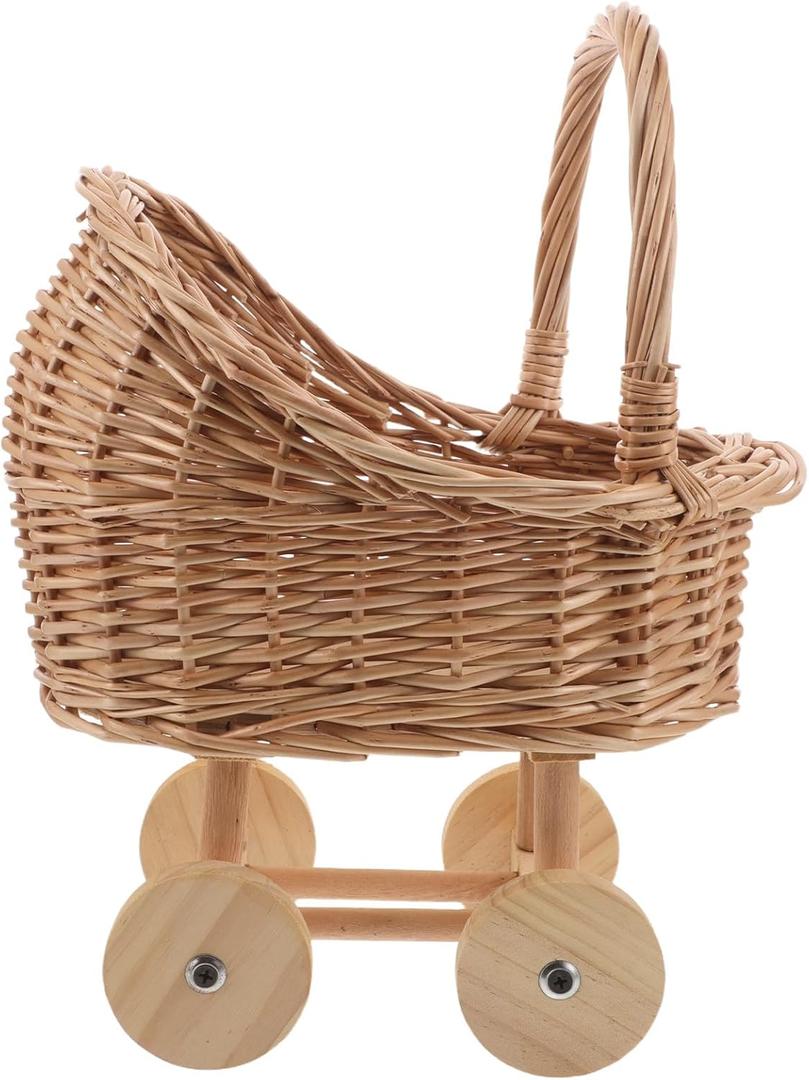 Abaodam Mini Rattan Doll Stroller Miniature Rattan Baskets with Handles for Home Office Table Party Favors Crafts Decoration, 13.78x10.43x7.48 in