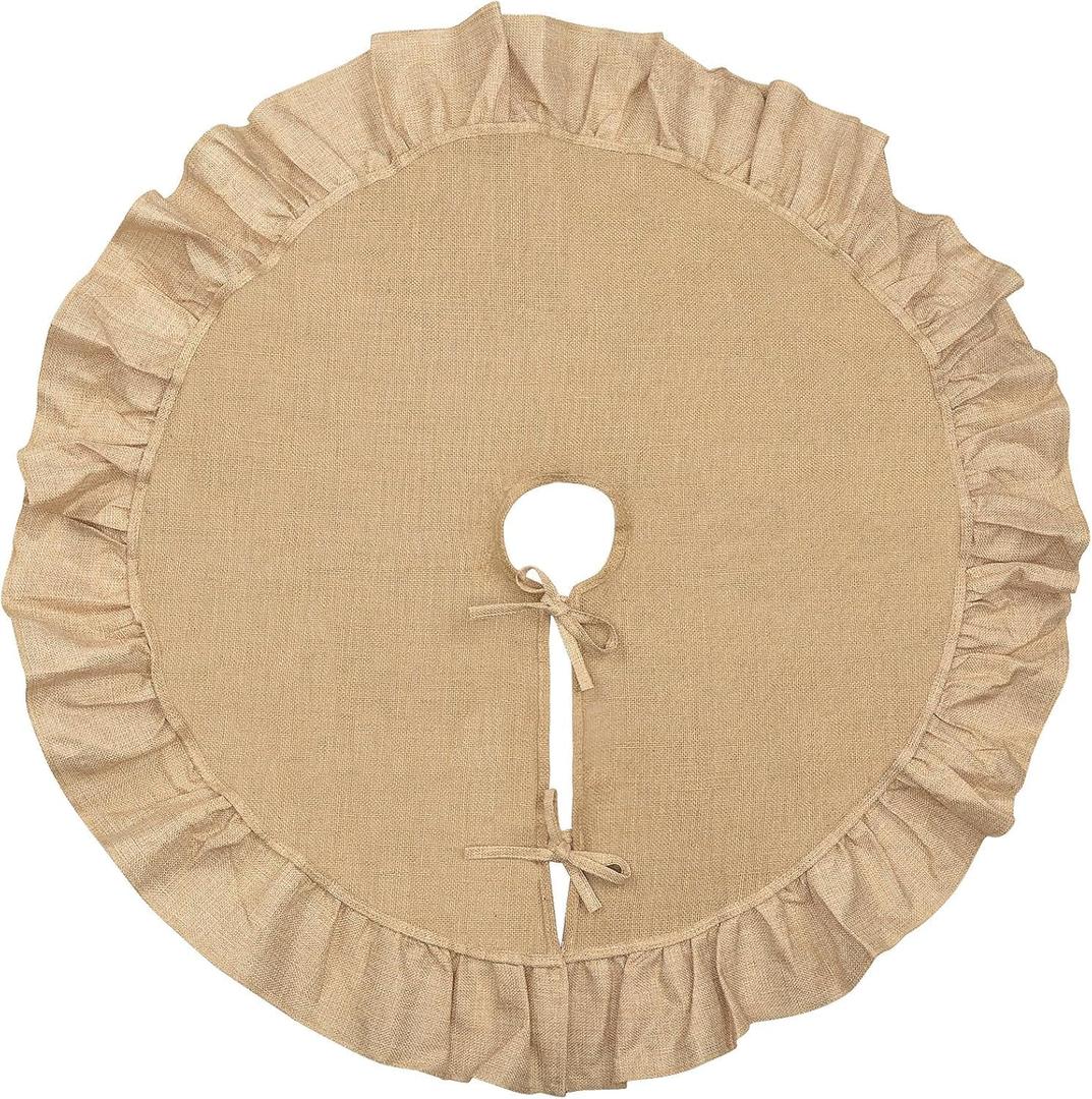 Mini Burlap Tree Skirt, 24'' Small Spring Easter Tree Skirt with Ruffle Border, Linen Rustic Farmhouse Tabletop Christmas Tree Decorations for All Season Fall Thanksgiving Boho Party Decor