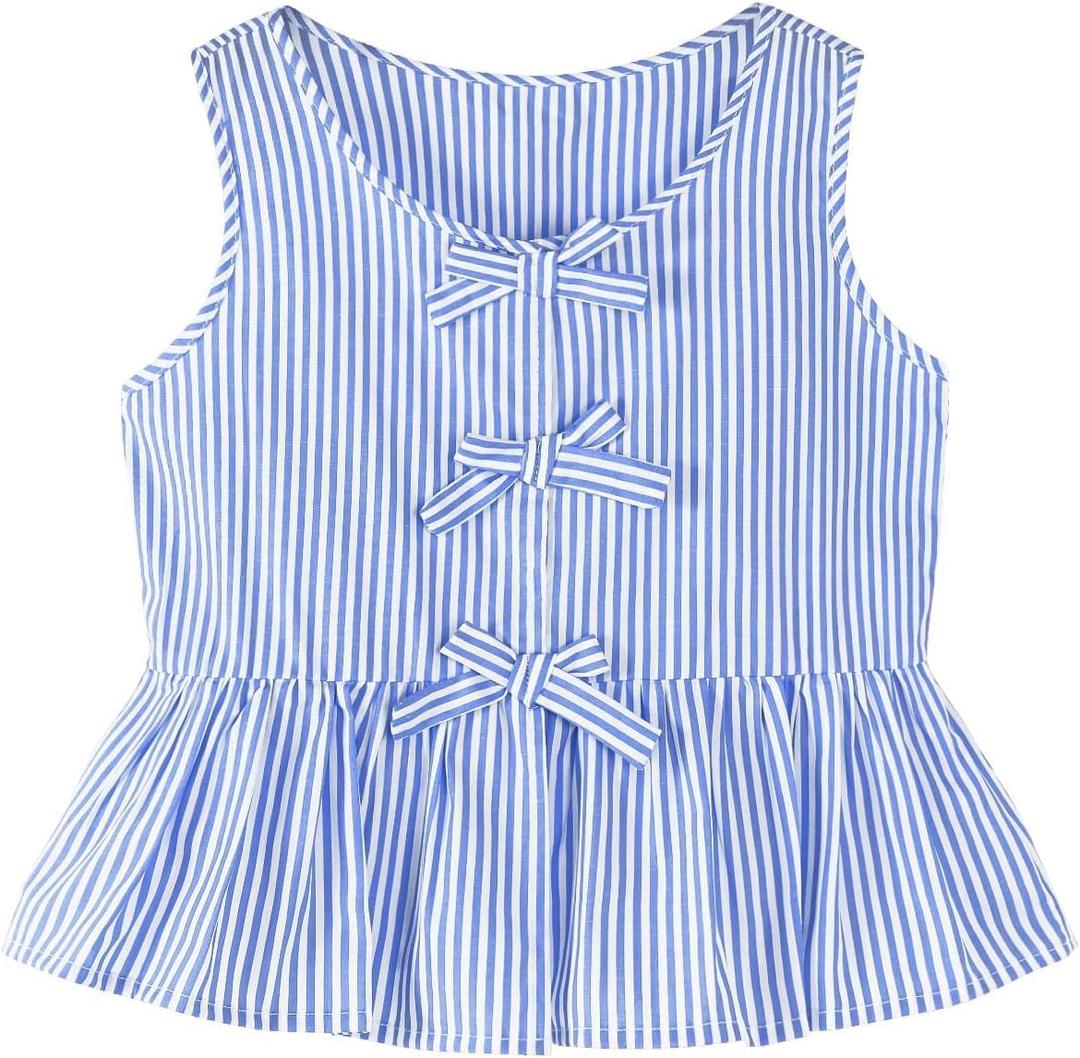 Girls Bowknot Tank Tops Sleeveless Striped Shirts Cotton Peplum Babydoll Top Size: 7-8 Years