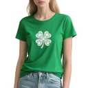 IRUD St Patricks Day Shirt Women: Shamrock Pattern Crewneck Short Sleeve Womens Outfits for St. Patrick's Day T-Shirt, Large