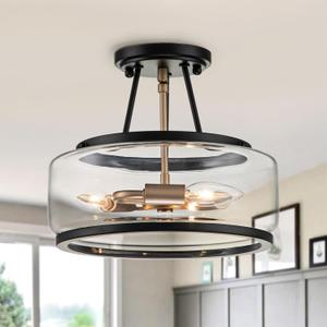 11.8 Inch Small Black and Gold Semi Flush Mount Ceiling Light Fixture 3 Light,Drum Modern Clear Glass Ceiling Light Fixtures for Bedroom,Entryway,Hallway,Kitchen,Dining Room,Bathroom
