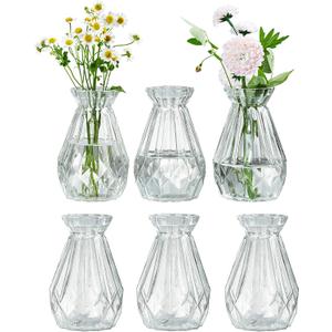 MyGift Mini Set of 6 Diamond-Faceted Clear Glass Bud Vases Small Decorative Flower Vases for Table Centerpieces, Weddings, and Home Dcor
