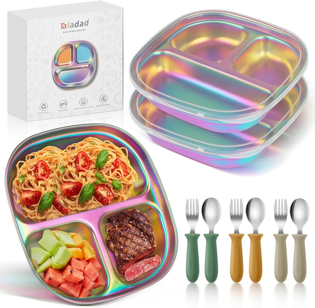 3 Pack Stainless Steel Kids Plates, Stainless Steel Divided Toddler Plate Set with Lids, Spoons and Forks, Non-Slip, Unbreakable, BPA Free - Perfect for Baby, Toddler Meals (Rainbow)