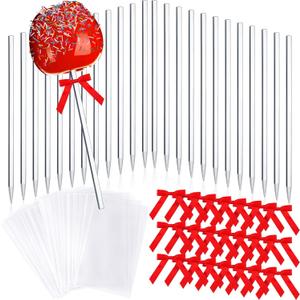 72PCS Candy Apple Sticks - Acrylic & Rock Candy Sticks for Apples with Glass Paper, Satin Twist Tie Bows