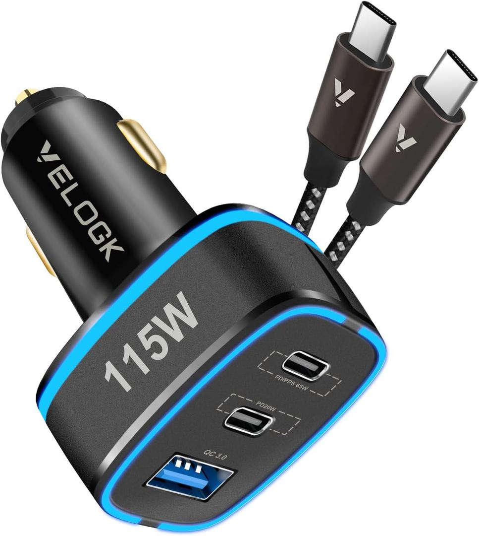 115W USB C Car Charger, VELOGK 3-Port [PPS&PD&QC3.0] 65W 45W 30W Super Fast Type C Car Charger Adapter for iPhone 15 Pro Max Samsung S24 S23 S22 Ultra Note 20, iPad, Macbook/Dell,with 100W USB C Cable