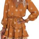 Dokotoo Spring Dresses for Women 2026 Boho Floral Drawstring V Neck Smocked Long Sleeve Ruffle Tiered Chiffon Mini Dress (Orange, XL)