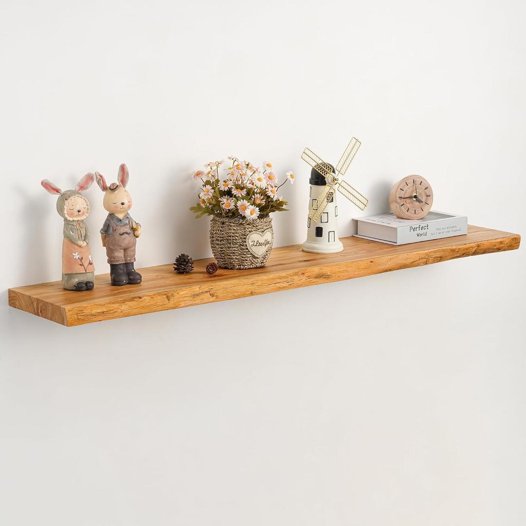 48" Rustic Elm Floating Shelves - Solid Wood Live Edge with Invisible Brackets, Wall Mounted Shelf for Living Room, Kitchen & Bathroom Decor, Natural