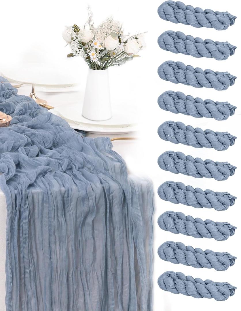 FUANGUI 10 Pack Cheesecloth Table Runner Dusty Blue 10Ft, 120 Inches Easter Table Runner, Spring Boho Gauze Romantic Cheese Cloth Table Runner for Baby Shower Wedding Birthday Home Decoration