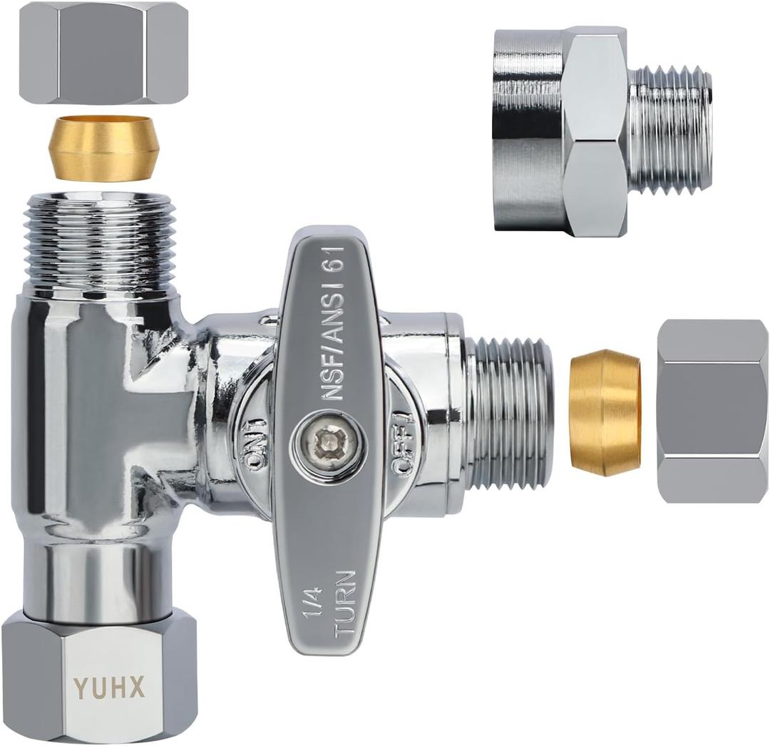 YUHX Brass Angle Stop Add-A-Tee Valve, 3/ 8 Inch Compression Outlet Easy Connect 3 Way Diverter 3/ 8"x3/ 8"x1/ 4" or 3/ 8"Ice Maker RO System T