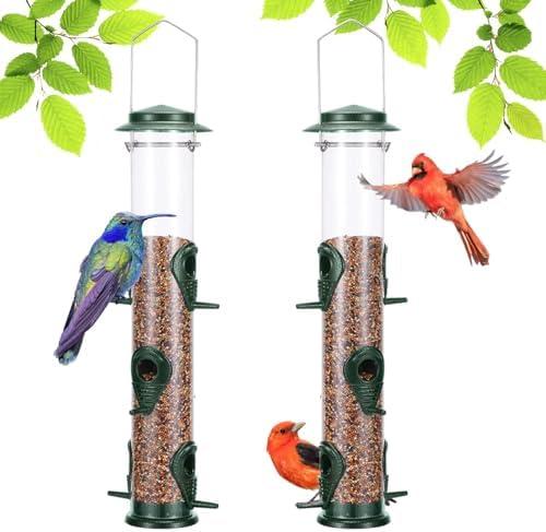 MIXXIDEA 2PK Metal Wild Bird Feeder Bird Feeders for Outdoors Hanging 6 Port Tube Bird Feeder Transparent Finch Feeder with Steel Hanger Green