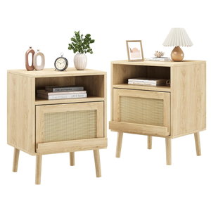 Night Stands for Bedrooms Set of 2, Bed Side Tables Bedroom with Drawer Open Shelf, Rattan Nightstand with Solid Wood Legs for Living Room - Natural