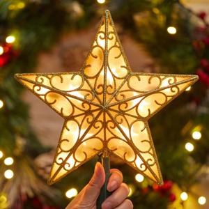 Christmas Star Tree Topper, Plug in Sliver Glittered 3D Star Tree Topper, Metal Hollow Designed Built-in 10 Bulbs String Lights for Indoor Office Christmas New Year Holiday Tree Decoration
Visit the Brightown Store