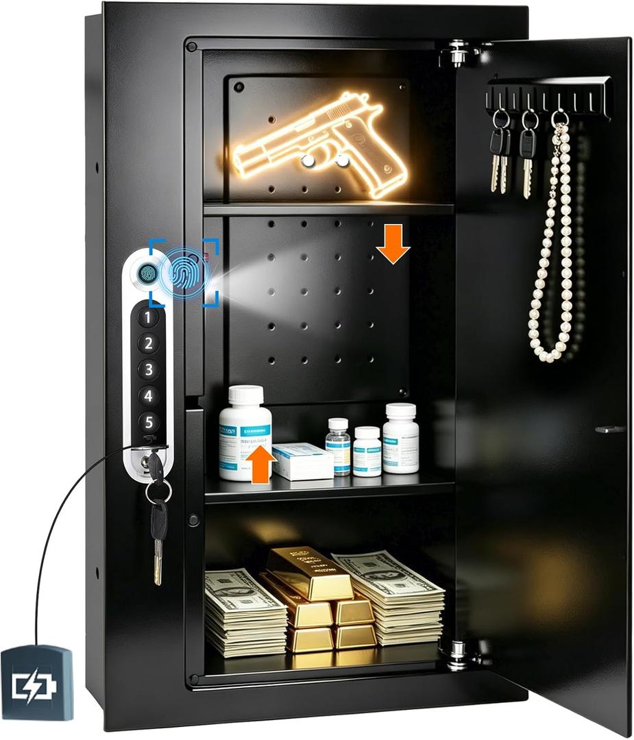 19.7" Tall Biometric Wall Safe Between 16" Studs | Fingerprint & Keypad