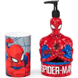 Jay Franco Marvel Spiderman 2 Piece Set - Red & Blue Soap Dispenser & Tumbler Set - Kids Resin Superhero Bathroom Accessories