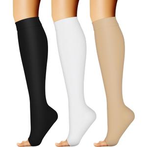 CHARMKING 3 Pairs Open Toe Compression Socks for Women & Men Circulation 15-20 mmHg is Best Support for All Day Wear (Large-X-Large, 02 Black/White/Beige)