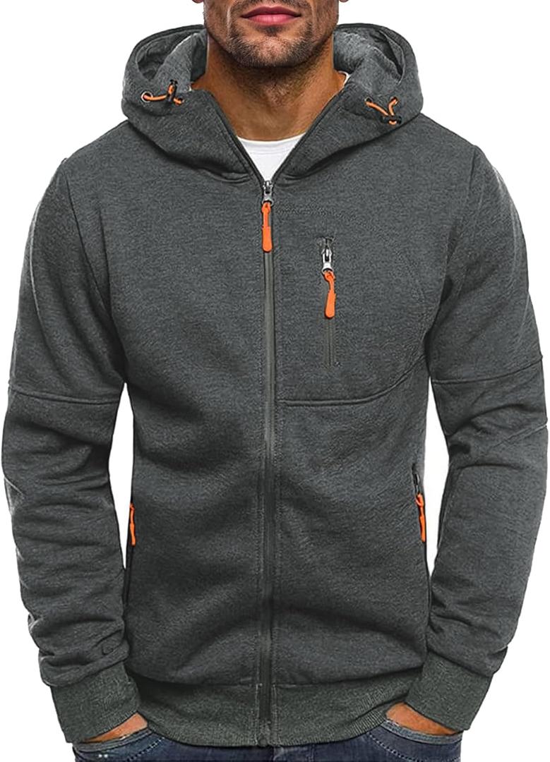 Men's Zip Up Fleece Hoodie Lightweight Sweatshirt Long Sleeve Sports Hooded Jacket with Zipper Pockets Dark Grey, XL