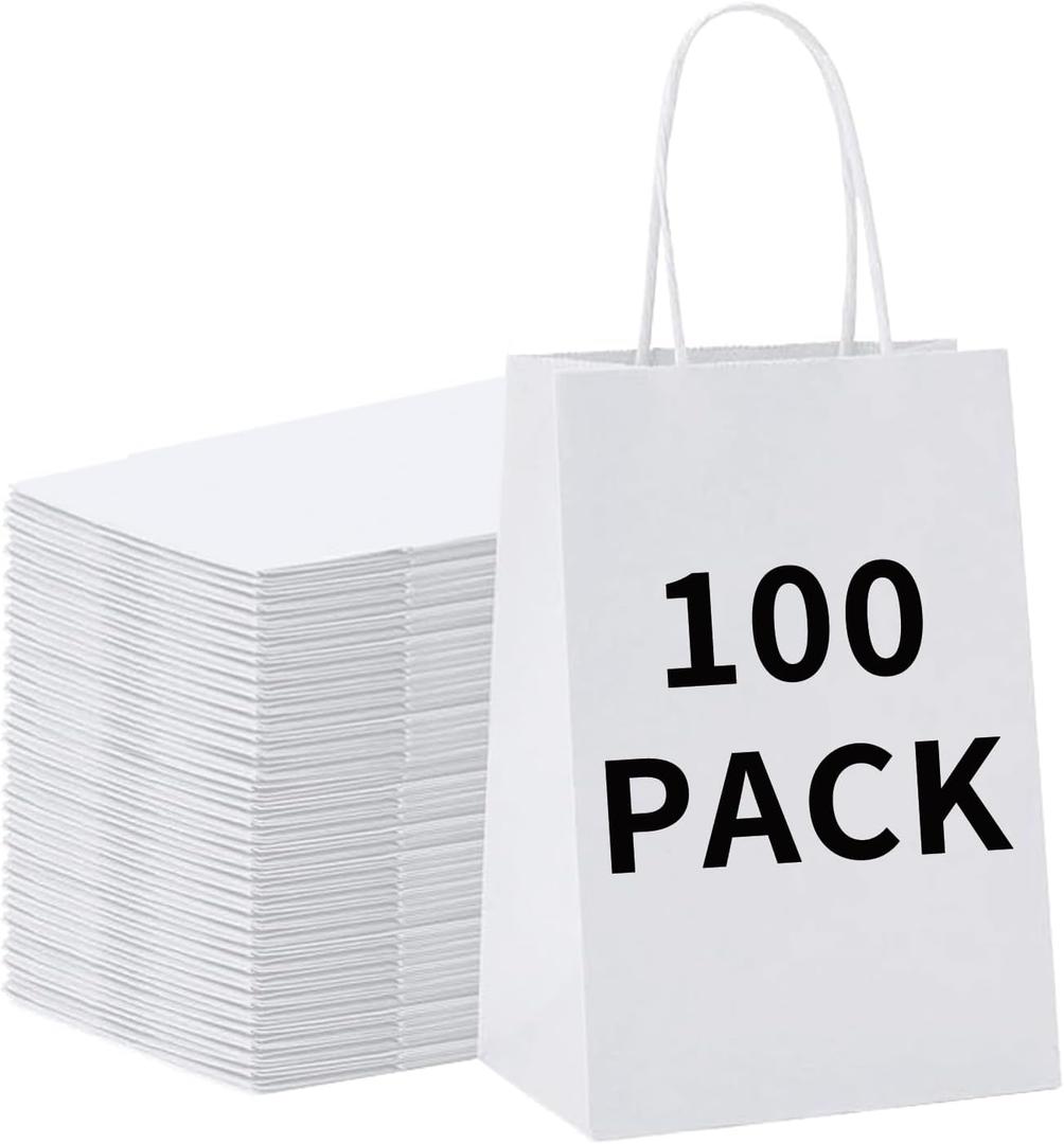 BAG BOX 100 Pack 5.9x3.1x8.25 Inch White Gift Bags with Handles,Bulk Kraft Paper Bags for Shopping, Retail, Merchandise, Wedding, Party Favors, Paper Grocery Sacks