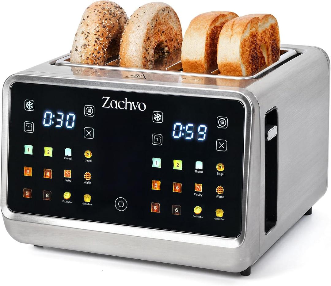 4 Slice Smart Toaster with Touchscreen, 1.5" Extra Wide Slots for Bagels & Thick Bread, Dual Independent Controls, 6 Bread Settings, Defrost, Reheat, Easy Clean, Stainless Steel, for Family Breakfast