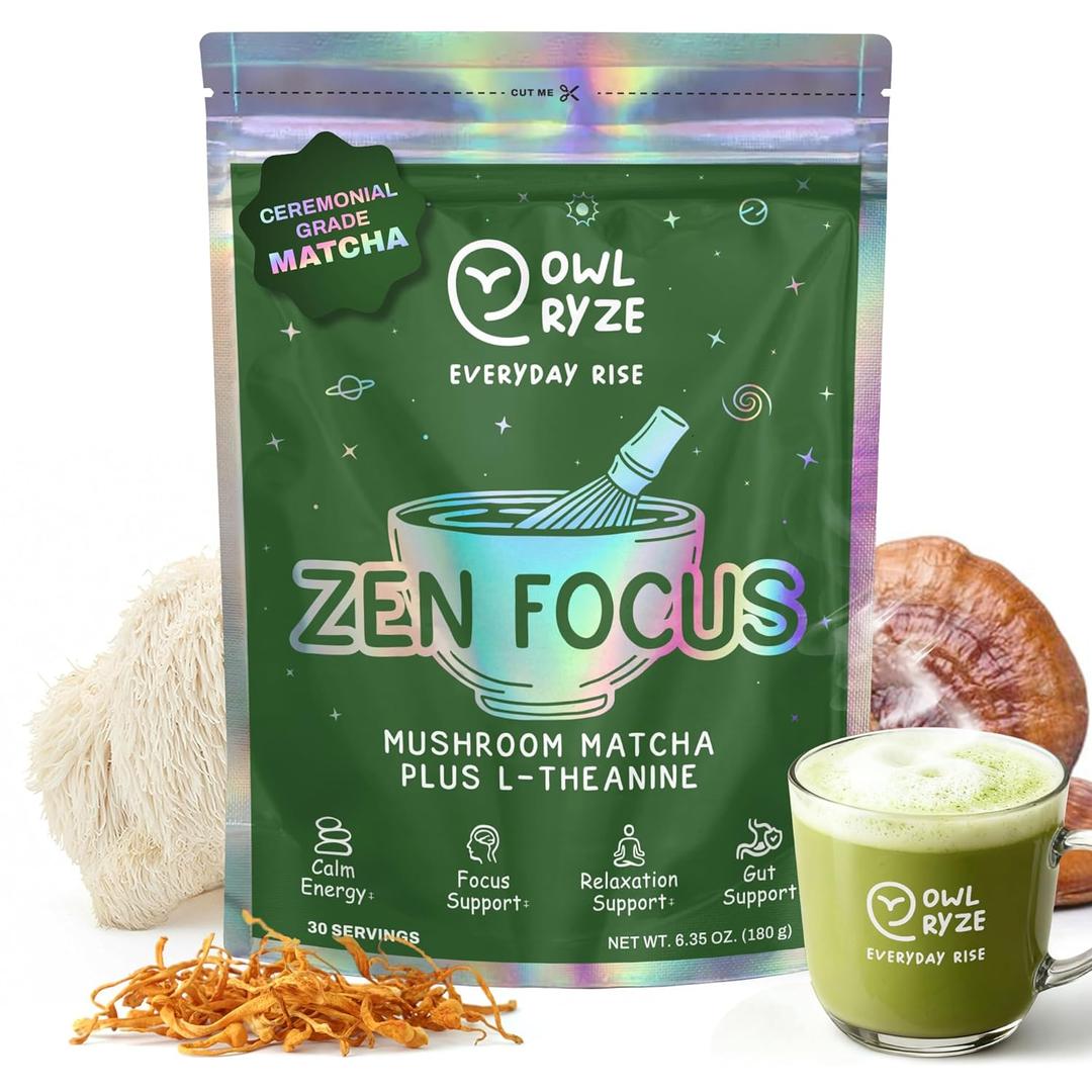 OwlRyze Mushroom Matcha Instant Zen Focus - Ceremonial Grade Matcha Power with 6 Functional Mushrooms, Lion's Mane, Cordyceps & L-Theanine for Calm Focus Energy, Immune Support - 100% Vegan, 30 Servings