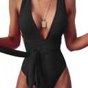 Lilosy Sexy Tie Criss Cross Plunge One Piece Thong Swimsuit High Cut Brazilian Bathing Suit (Small, Black)