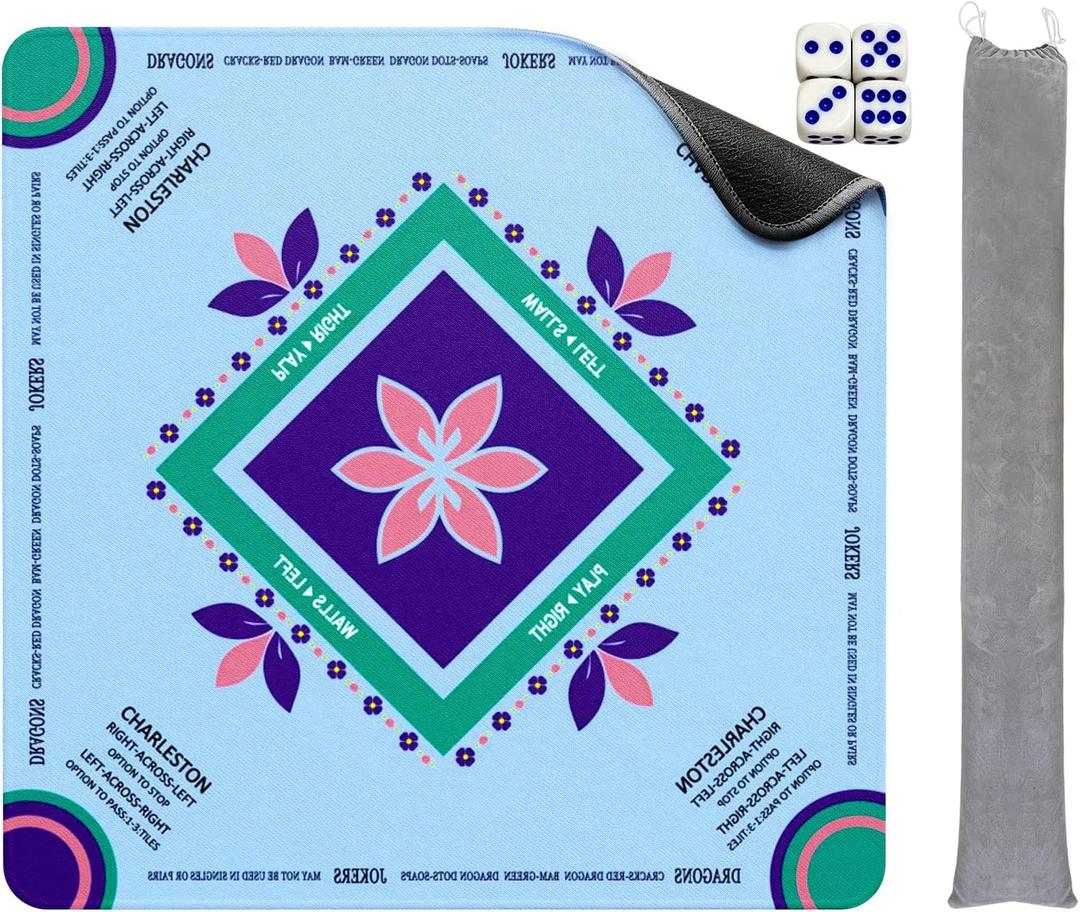 Mahjong Mat with Rules, 32.4x32.4 Inch Thick Odorless Rubber Mahjong Table Cover, Washable Waterproof Anti Slip Mat with Bag for Mahjong/Poker/Board Games/Card Games/Dominoes (Lotus Floral)