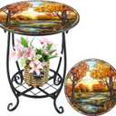Outdoor Side Table Round Small Mosaic Patio Accent Indoor End Plant Metal Coffee Tea Table for Yard Porch Garden Patio Living Room, Bedroom (Fall Style,14 Inch)