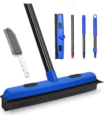 Rubber Broom with Squeegee, Pet Hair Removal 52.8 inches Long Handle, Push Fur Remover Tool with Portable Detailing Lint Brush for Fluff Carpet, Window, Tile, Hardwood Floor Cleaning