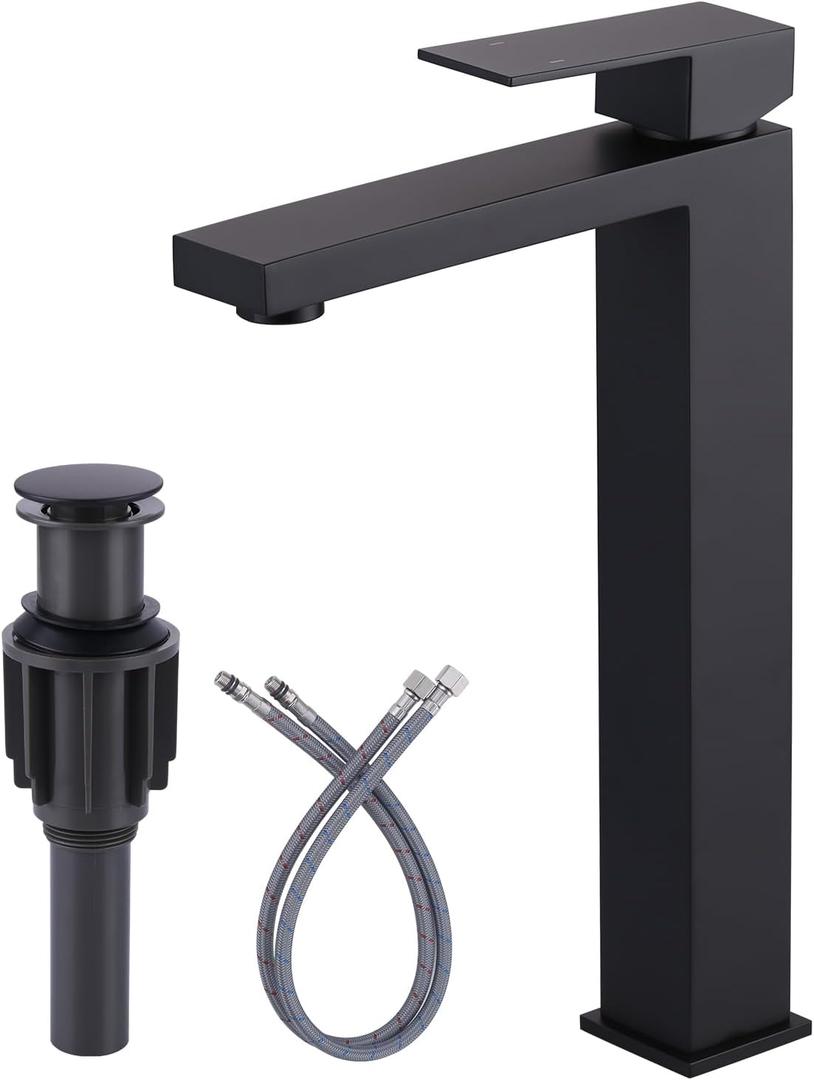 Vessel Sink Faucet Matte Black, ARCORA Single Handle Tall Bathroom Faucet, Single Hole Lavatory Vanity Mixer Tap with Pop Up Drain and Faucet Supply Lines
