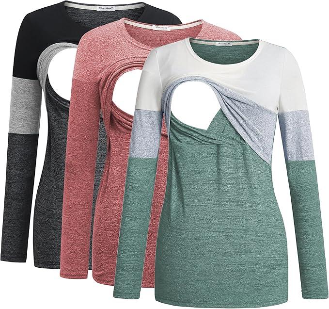 3 Pack Nursing Tops for Breastfeeding Maternity Shirts Zipper Long Sleeve Round Neck Knit Casual Nursing Clothes Size M