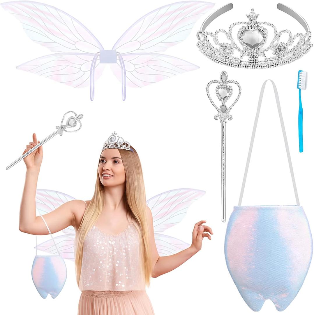 Geyoga 5 Pcs Halloween Tooth Fairy Costumes Set, Include Fairy Wing, Rhinestone Crown and Wand, Sparkling Tooth Shape Bag and Oversized Blue Toothbrush for Adults Women Cosplay Party Supplies