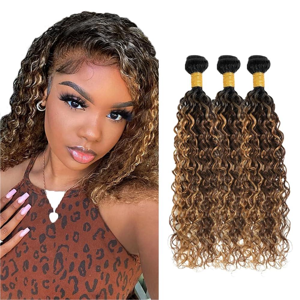 P427 Human Hair Bundles Ombre Highlight Bundle #4 Water Wave Human Hair 3 Bundles 16 18 20 inch Brown and Honey Blonde Color