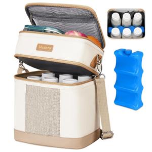 Mancro Breastmilk Cooler Bag with Ice Pack, Double Layer Insulated Baby Bottles Bag Fits 6 Bottles Up to 9 Ounces, Portable Breast Pump Cooler Travel Bag for Daycare and Nursing Moms, Beige