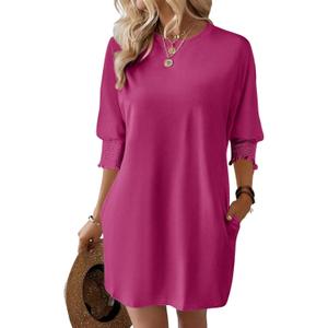 Dokotoo Womens Dresses 2025 Spring 3/4 Sleeve Fashion Dresses Crewneck Casual Mini Dress with Pockets S-XL (Pink, XL)