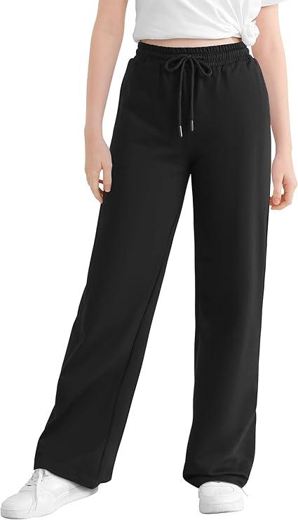 Girls Cotton Wide Leg Sweatpants High Waisted Lounge Baggy Joggers Straight Athletic Pants with Pockets Drawstring, Size M