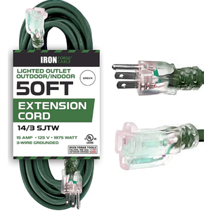 Iron Forge Cable 2 Pack Weatherproof 50 Ft Outdoor Extension Cord - 16/3 SJTW Heavy Duty Green Extension Cord 3 Prong - 13 Amp Exterior Power Cable