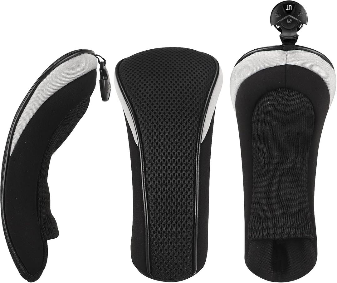 New 3 Pack Golf Hybrid Club Head Covers Headcovers with Interchangeable No. Tag Black & Gray