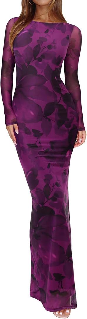 REORIA Women's Spring Mesh Sheer Long Sleeve Wedding Guest Dress Sexy Floral Bodycon Maxi Long Dresses (M)