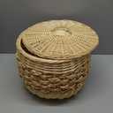 Vintage multi-purpose storage basket with lid, plant material hand-woven storage basket, suitable for bedroom, living room, bathroom, white