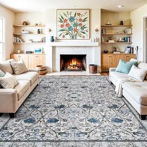 10x14 Blue Cream Area Rug for Living Room Bedroom Neutral Floral Soft Non Slip Rug Low Pile Distressed Large Carpet for Dining Room Nursery Office Indoor