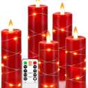 Red Flameless Candle Fairy String Light, Water Drop Flame, Advanced LED Flame Simulation with Remote and Timed Candles, 5-Cell Battery PoweredChristmas Candle