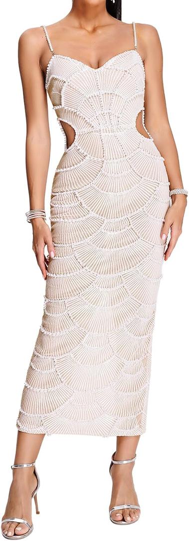 BELLA BARNETT Pearl Spaghetti Strap Garden Party Cutout Sequin Cocktail Elegant Dress (Small, White04)