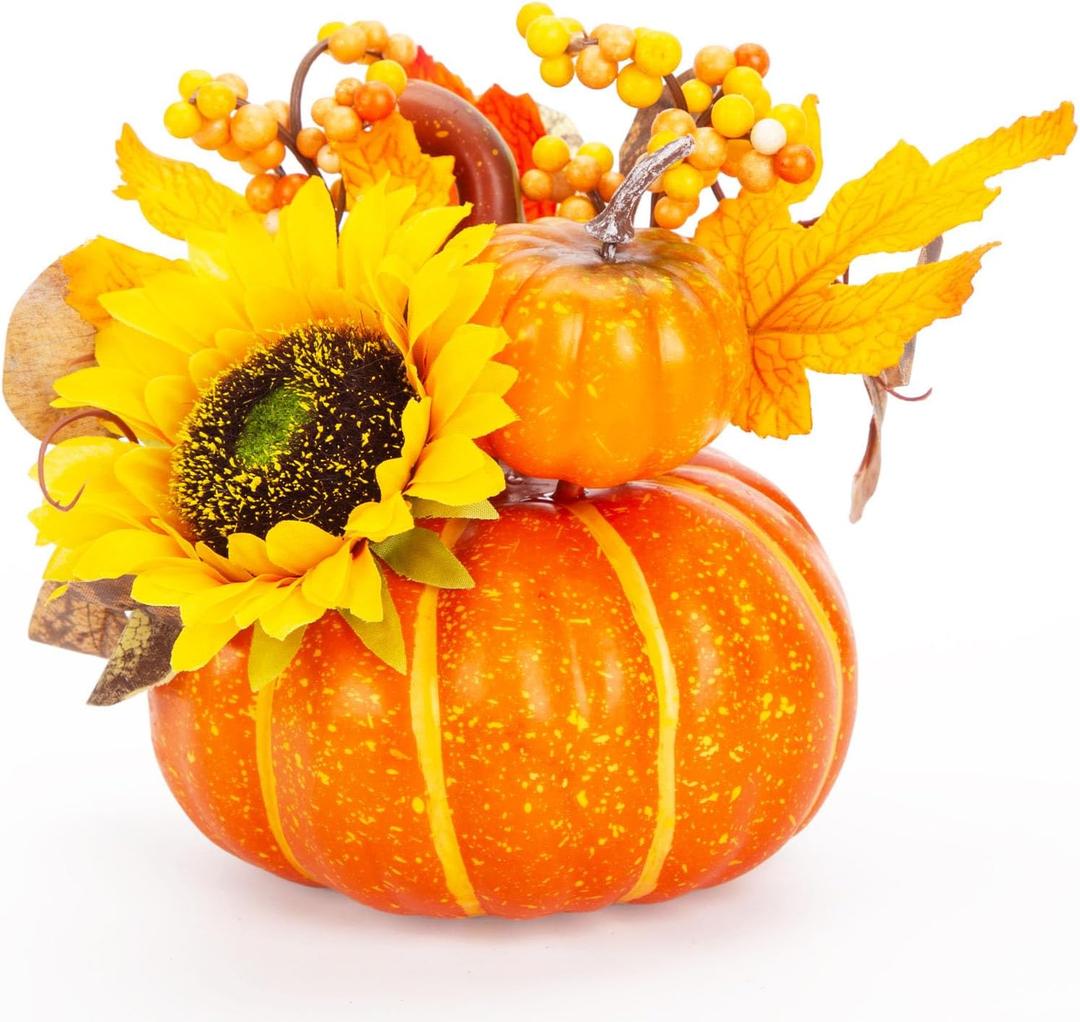 BigOtters 7 Inch Pumpkin Decor, Large Fake Pumpkin with Sunflower Maple Leaves, Fall Table Decor Halloween Thanksgiving Table Centerpiece & Farmhouse Decorations