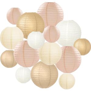15 Pcs Boho Paper Lanterns - Champagne Gold Beige Peach 6 8 10 Inch Round Hanging Decorations for Birthday, Neutral Baby & Bridal Shower, Rustic Wedding, Fall Party