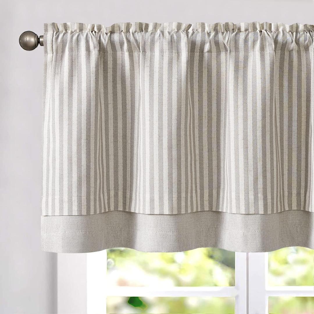 jinchan Linen Valance Curtain Striped Valance for Windows 18 Inch Light Filtering Kitchen Curtain Farmhouse Double Layer for Living Room Ticking Rod Pocket 1 Panel Taupe Grey on Linen