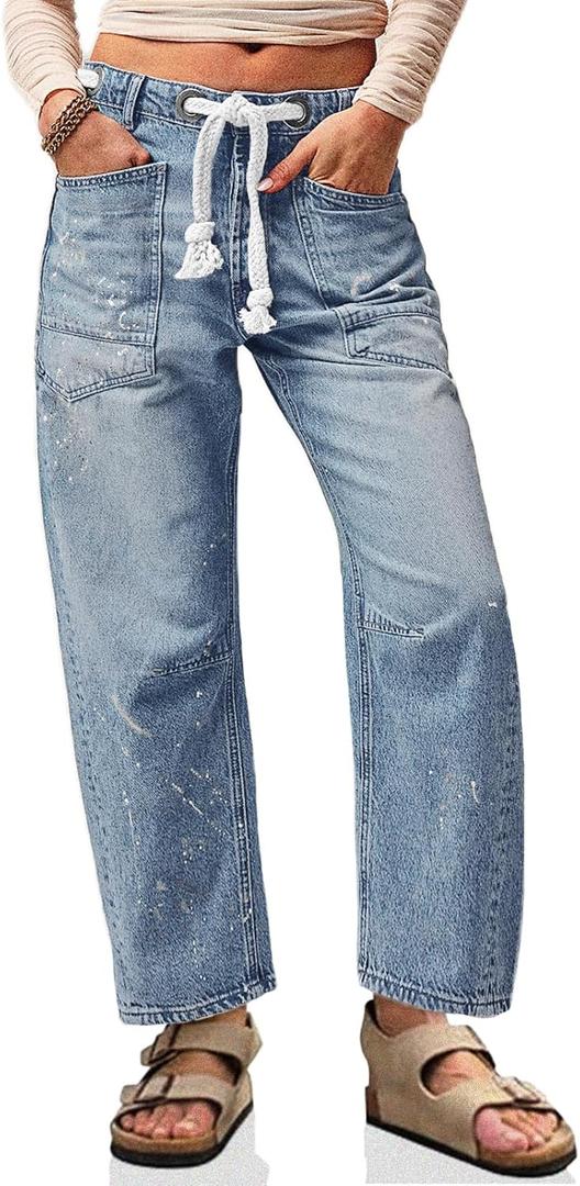 Cicy Bell Womens Baggy Barrel Horseshoe Jeans Wide Leg Drawstring Vintage Denim Pants with Front Pockets (8, Light Blue) M